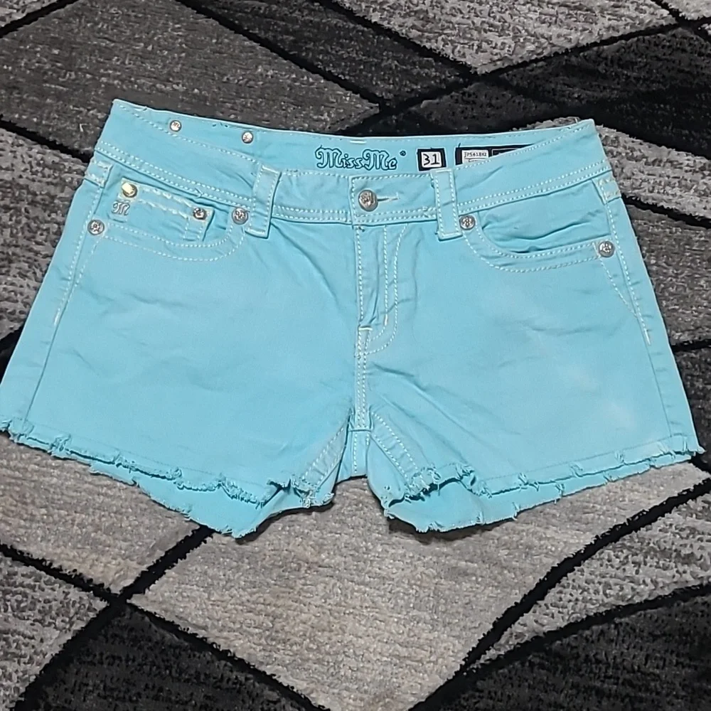 MISS ME AQUA RAW-HEM EMBROIDERED RHINESTONES DENIM JEAN SHORTS PRICE FIRM